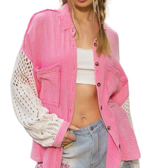 POL Tops - POL NWOT Pink/White Button-Up gauze Shirt w sweater/knit sleeves